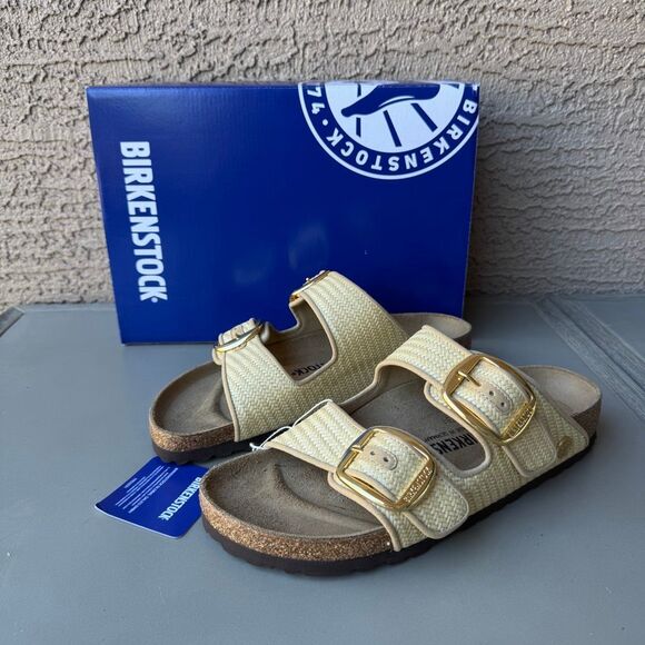 Birkenstock Arizona Big Buckle Raffia Sandal Women’s 40EU or 9US Natural Texture - Picture 1 of 12